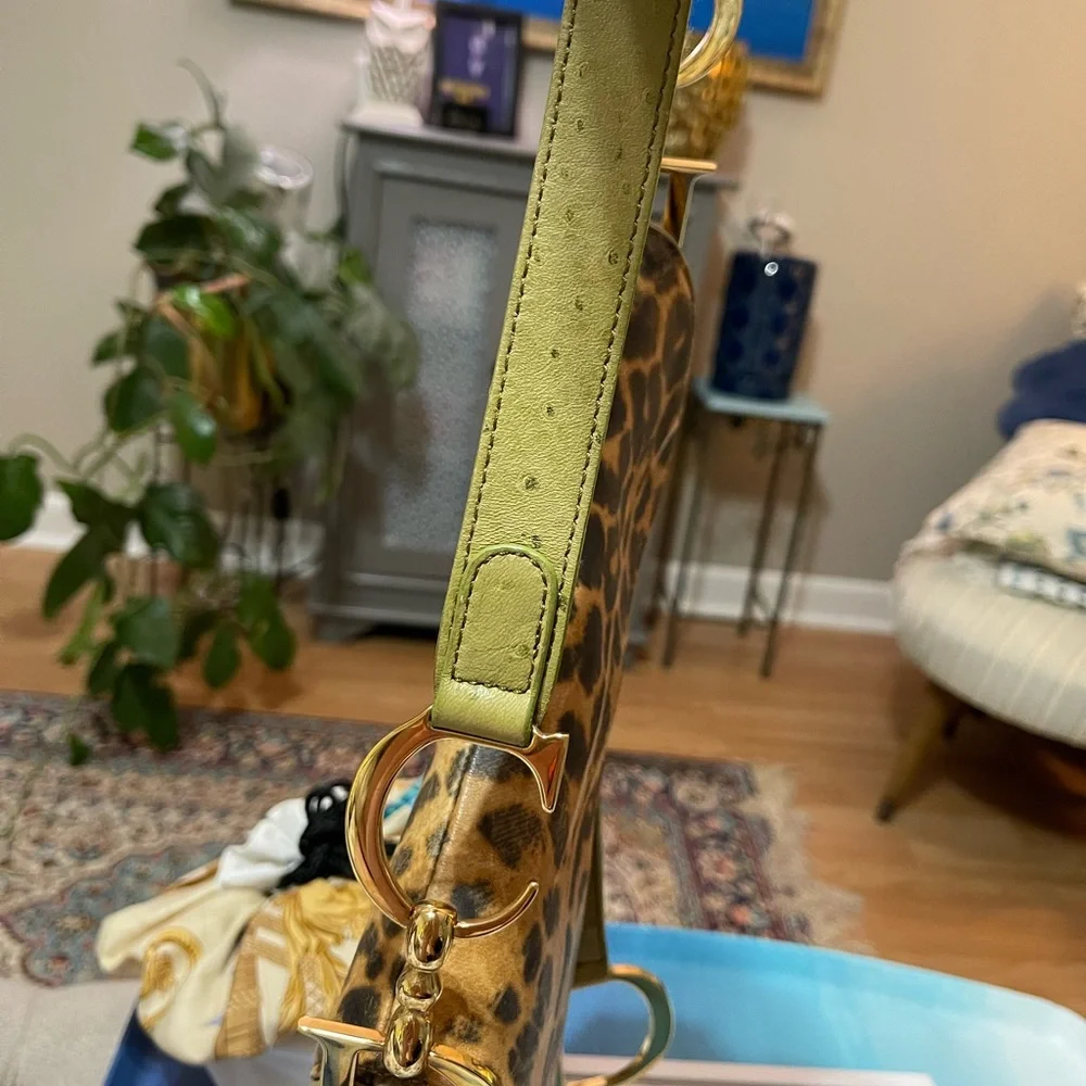 Dior Canvas & Ostrich Leather Leopard Print Saddle Bag - Picture 8 of 17